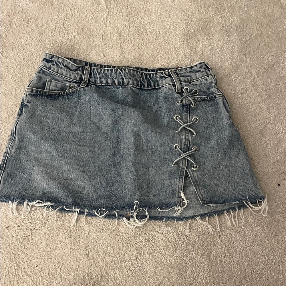 Zara Blue Denim Skirt with Lace-Up Accent